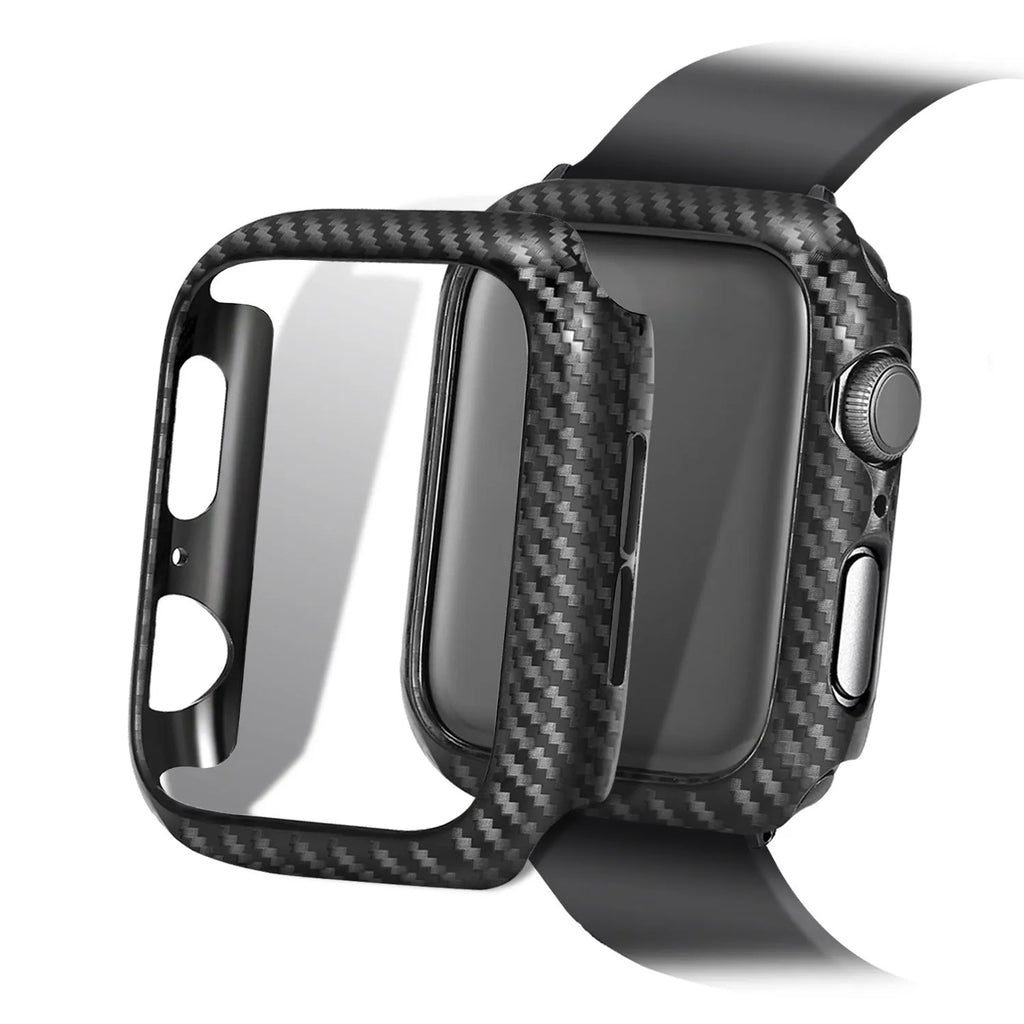 Carbon fibre leather Apple Watch strap showing red, black, orange, and blue line colour options