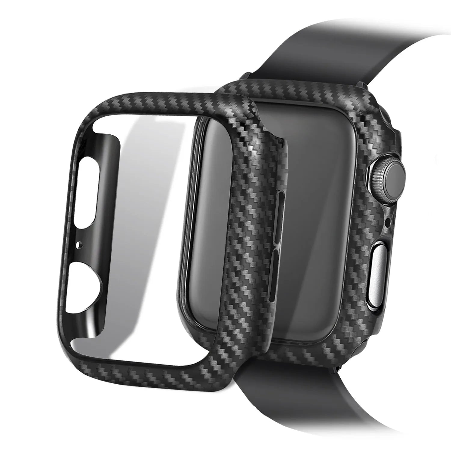 Carbon fibre leather Apple Watch strap showing red, black, orange, and blue line colour options