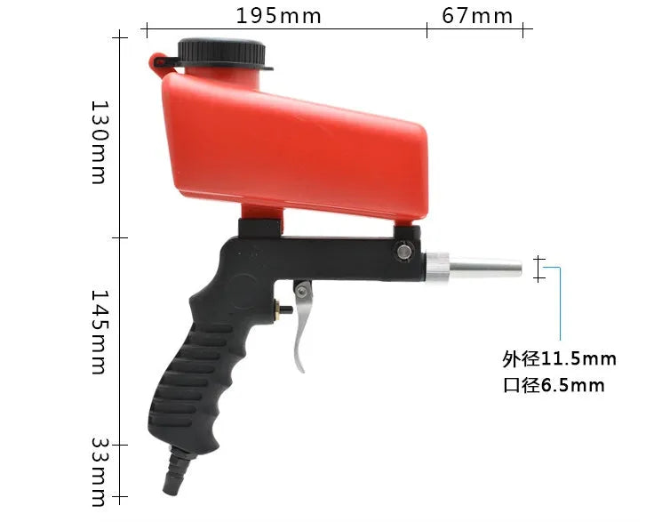 Portable gravity-fed pneumatic sandblasting gun with tank, shown in blue or black.