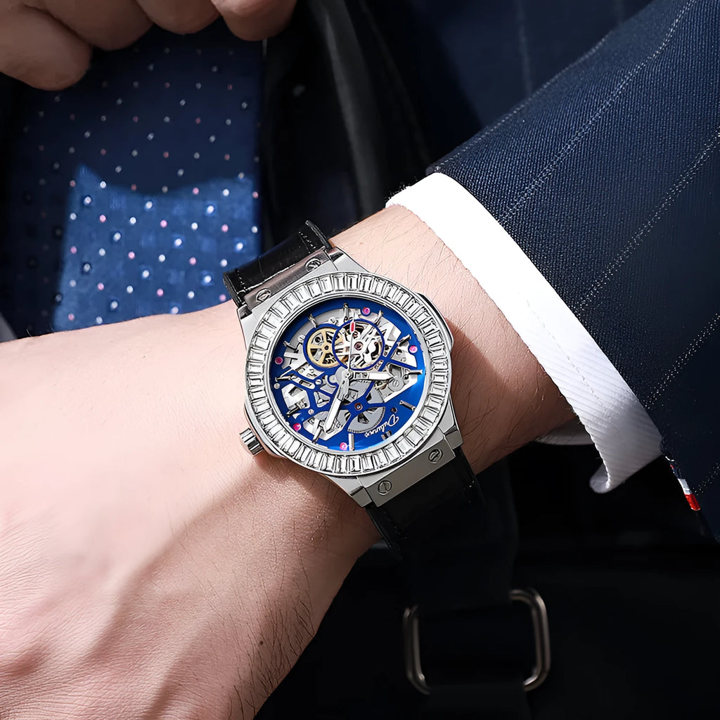 Automatic mechanical men's watch with diamond-studded hollow movement in business styling