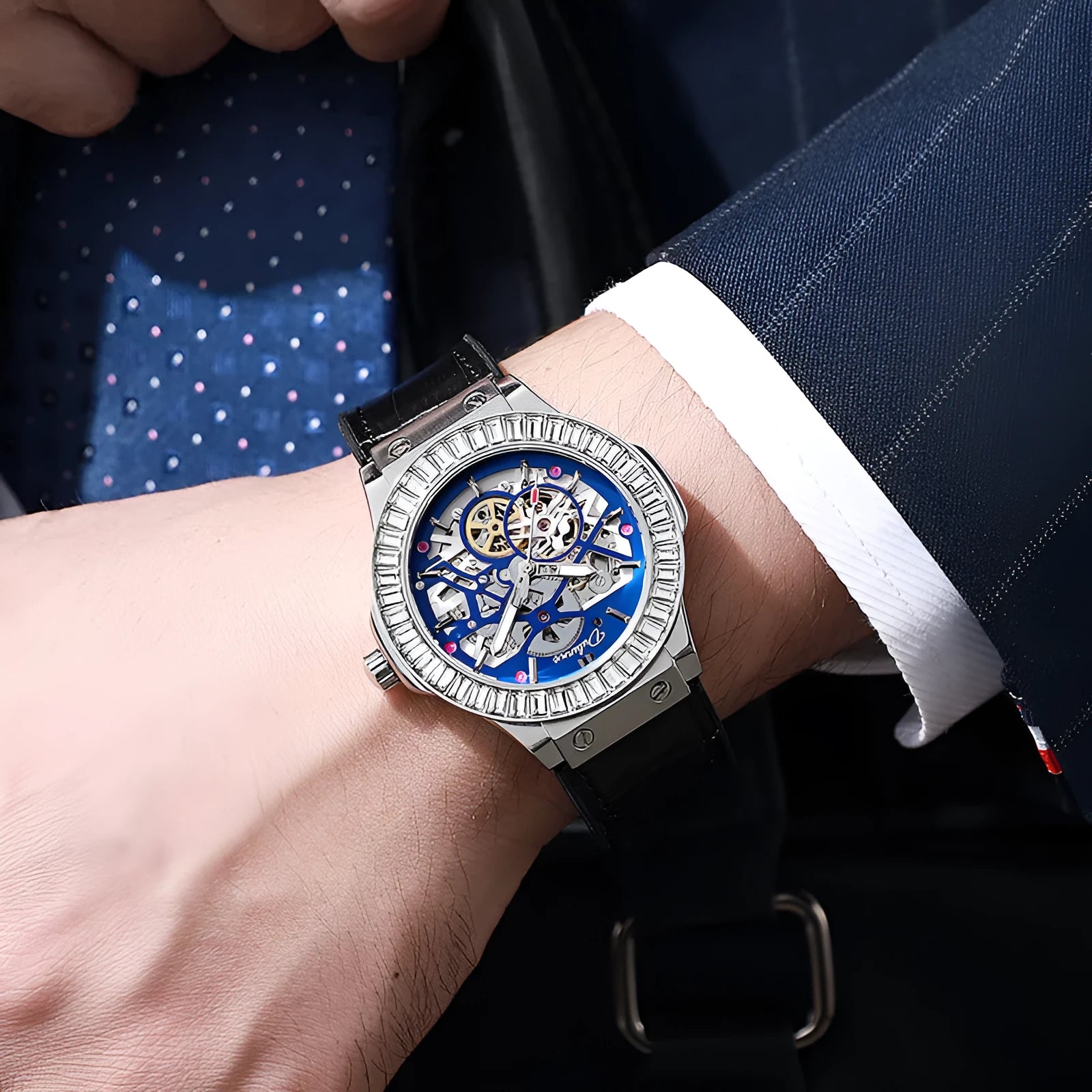 Automatic mechanical men's watch with diamond-studded hollow movement in business styling