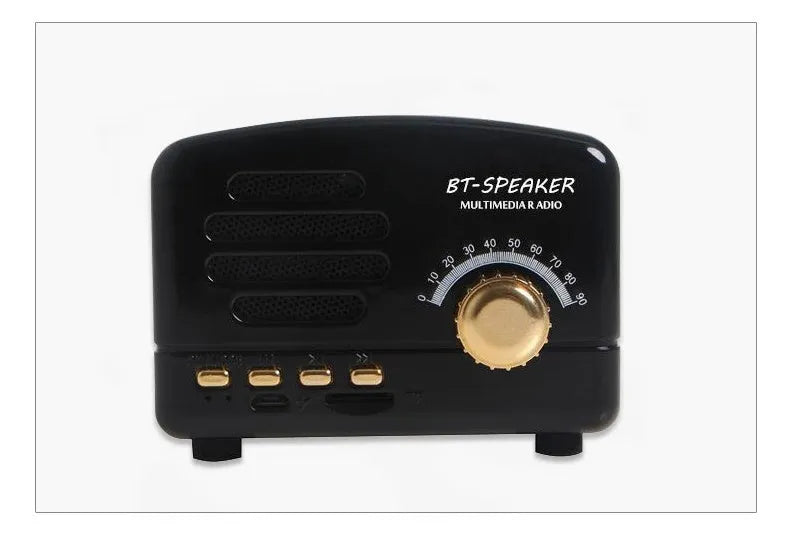 Wood grain finish bluetooth speaker showing compact design with USB charging port