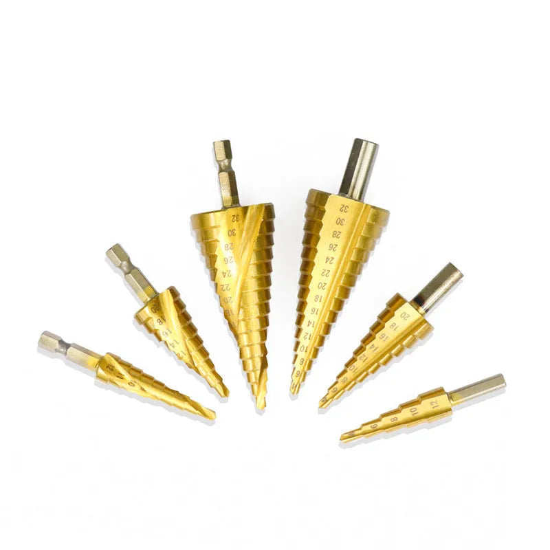 High-speed steel cone drill bit punch set with step bits and centre punch for metal drilling