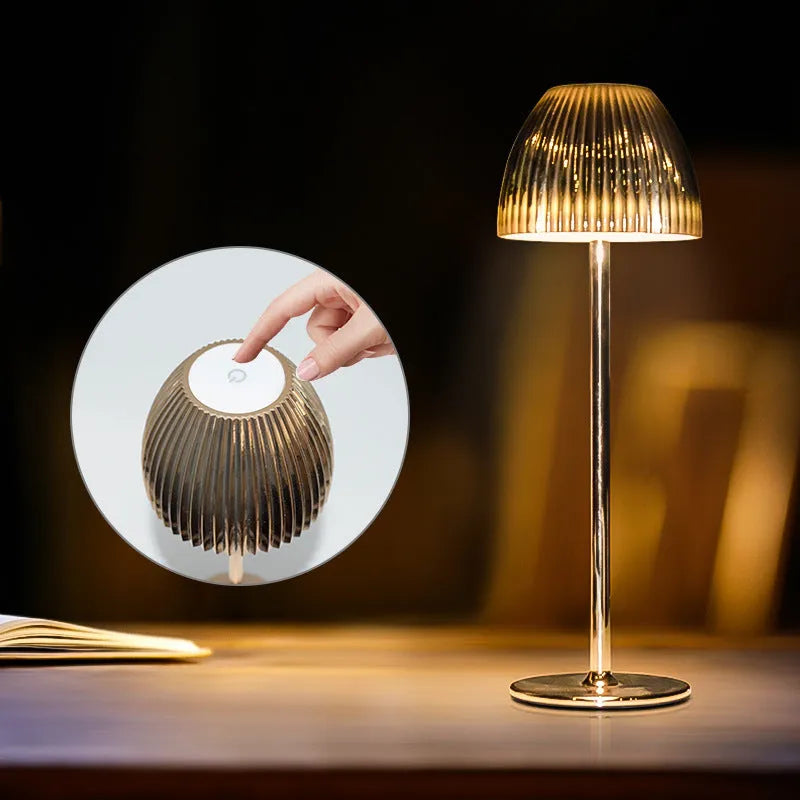 Modern dimmable USB rechargeable desk lamp with thin round base in black or white colour