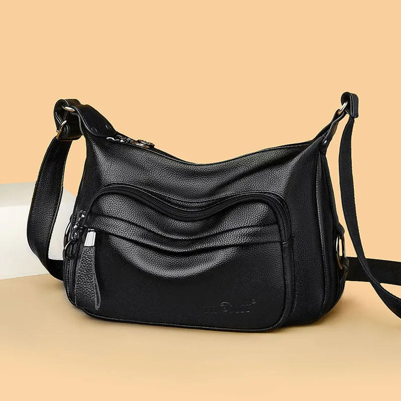 Large blue or black horizontal square women's PU shoulder bag with a zipper and soft handle.
