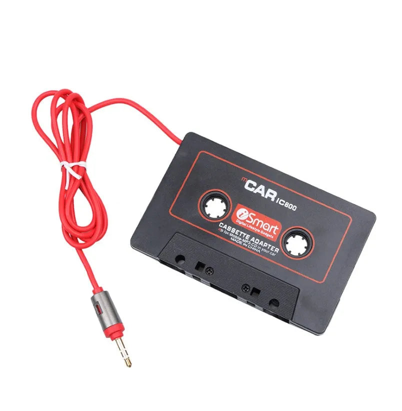 Black car cassette adapter with 3.5mm audio jack for connecting MP3 players to older vehicle tape decks