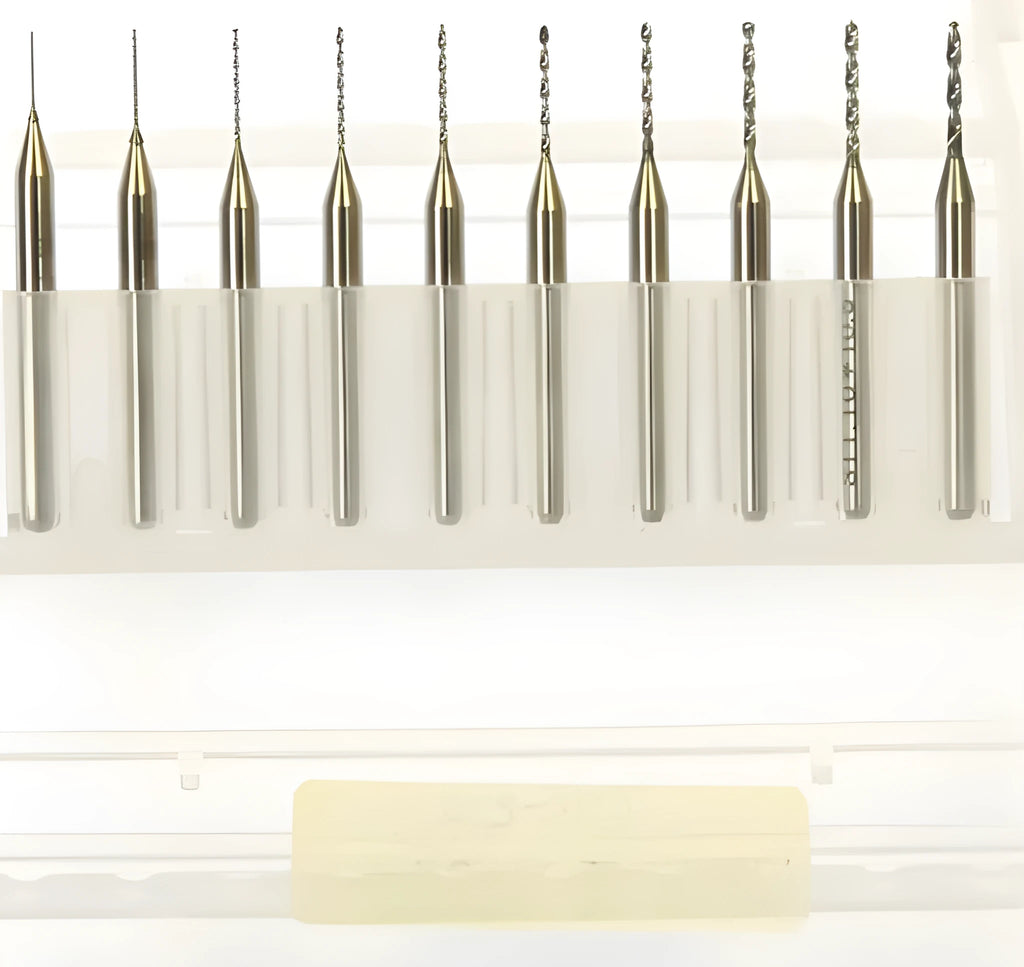 Imported tungsten steel micro engraving bit set with diameters from 0.10mm to 2.00mm for precision machining.