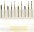 Imported tungsten steel micro engraving bit set with diameters from 0.10mm to 2.00mm for precision machining.