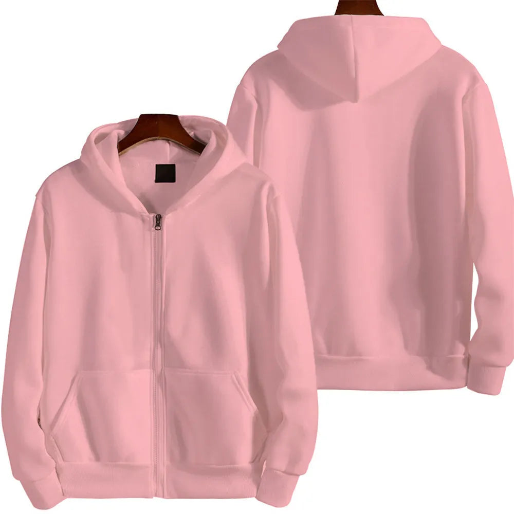 Men's solid colour loose fit zip-front sports jacket on a hanger.