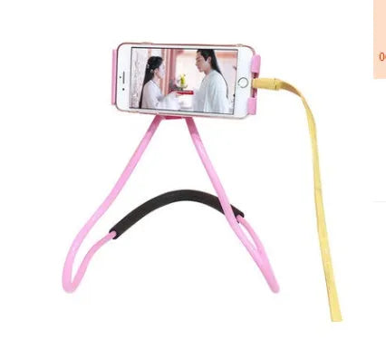 Universal white phone neck holder with 360-degree rotating clamp mounted on a smartphone