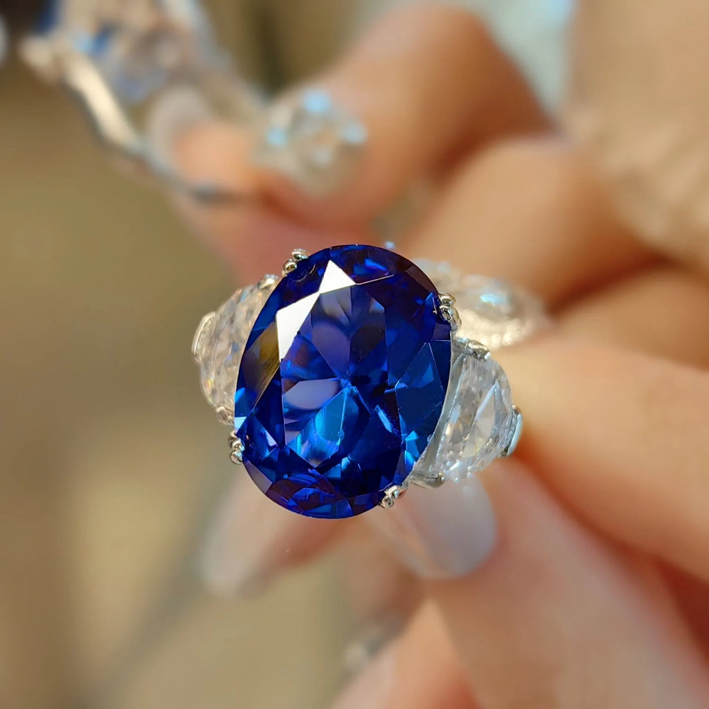 Blue geometric copper band ring with diamond setting for women