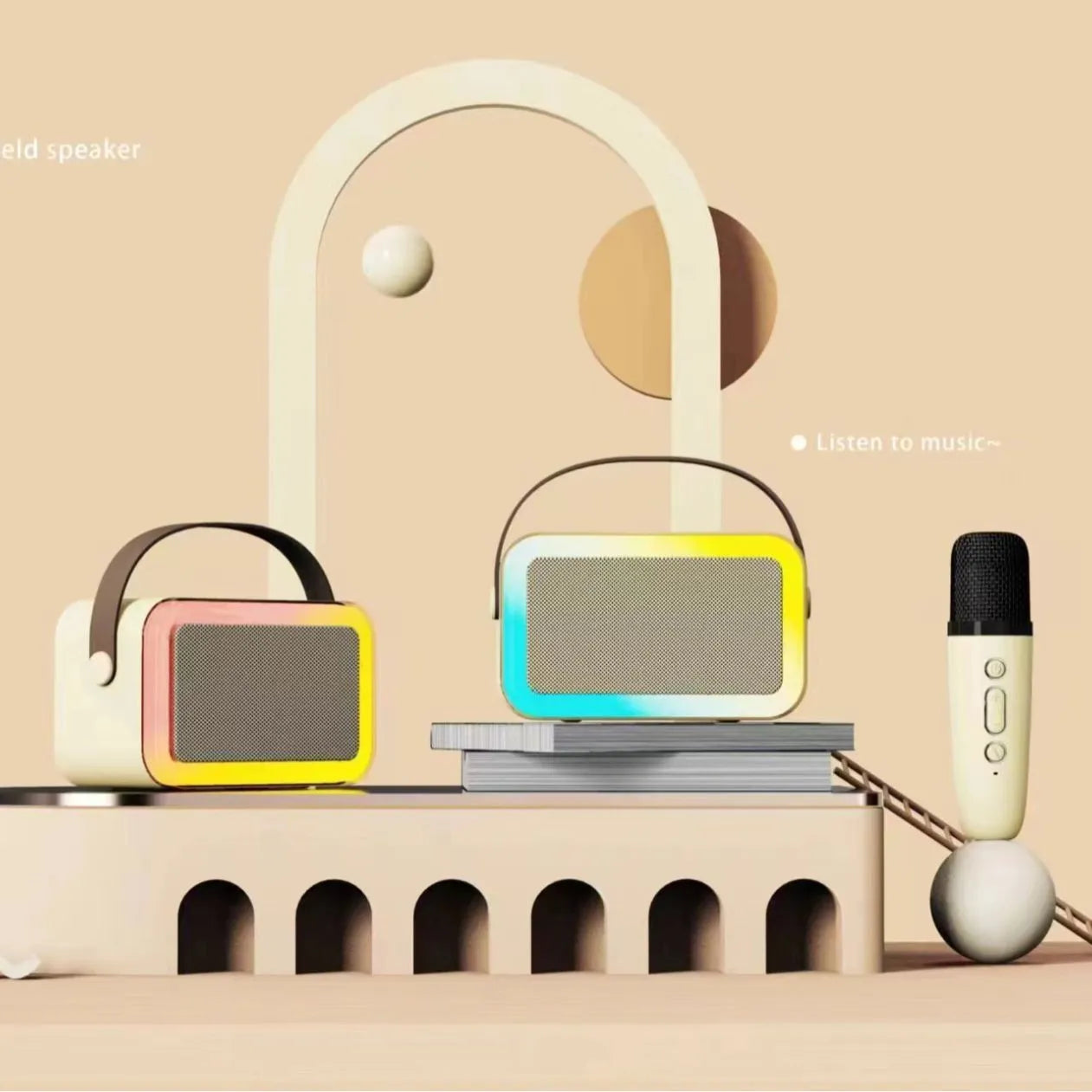 Portable Bluetooth karaoke speaker in white, pink, or sky blue colour with microphone and recording functions