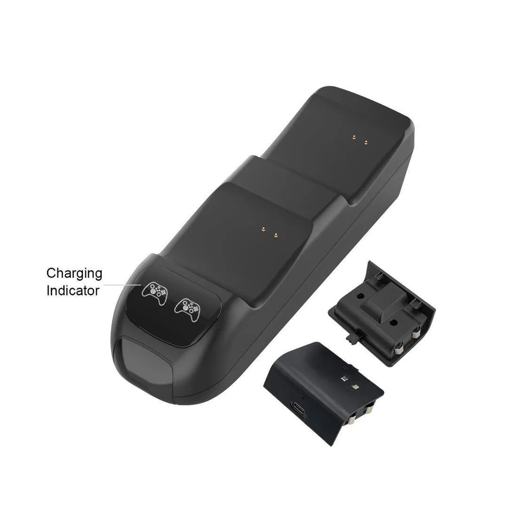 Black Xbox Series X wireless controller charging station showing two controllers docked with LED indicators visible