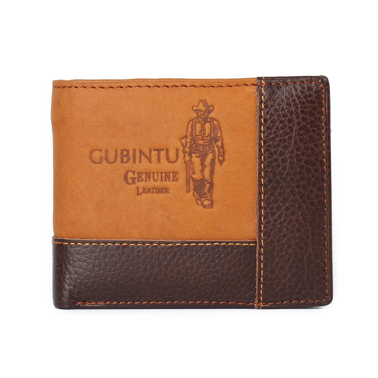 Men's soft cowhide leather trifold wallet open showing card slots, bill section, and zip compartment.