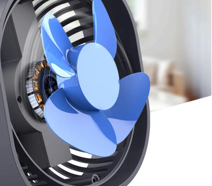 USB desk fan in blue colour with 360-degree rotation head and rotary switch, showing modern simple design.