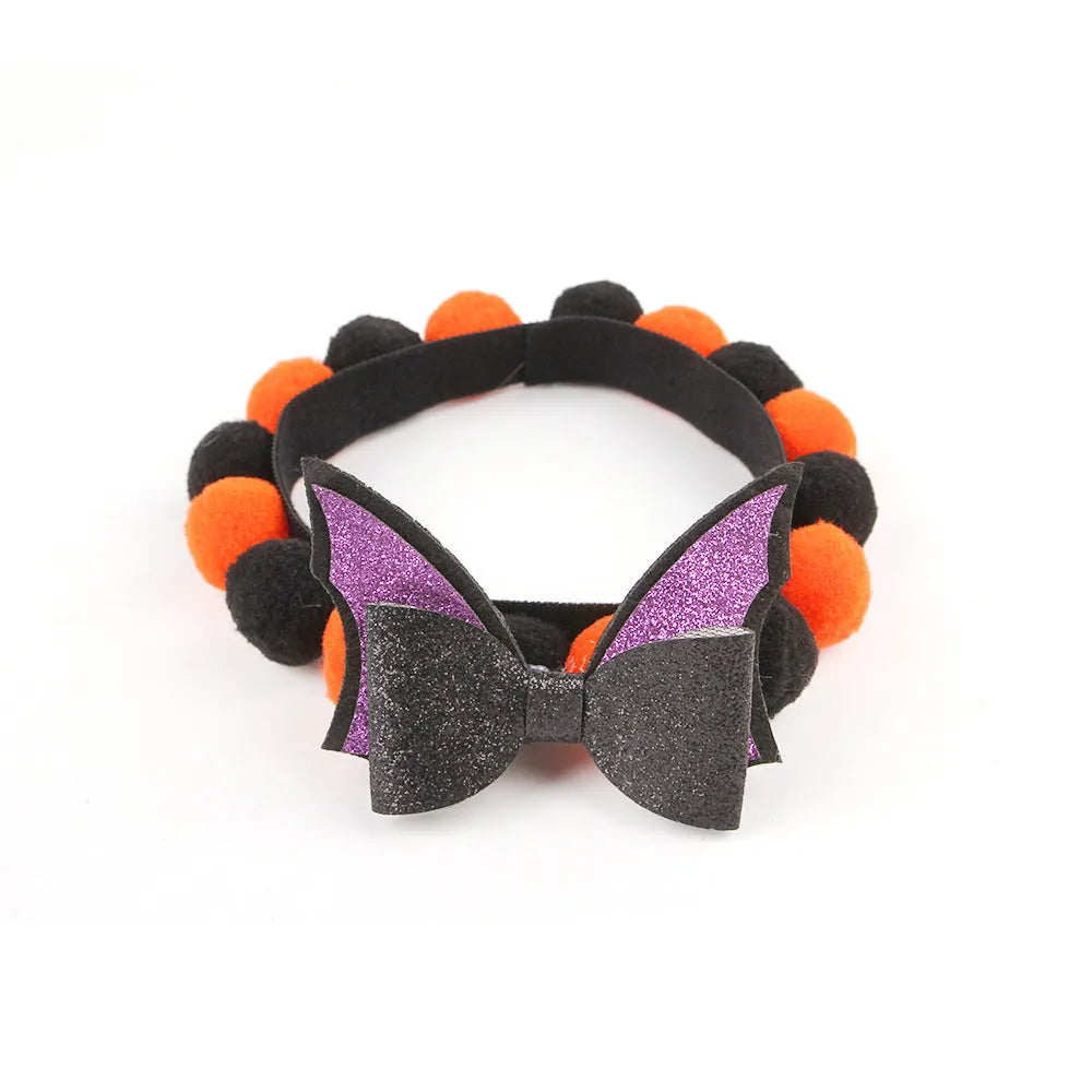 Halloween pet collar with fur ball decorations in pumpkin, skull, witch and bow designs
