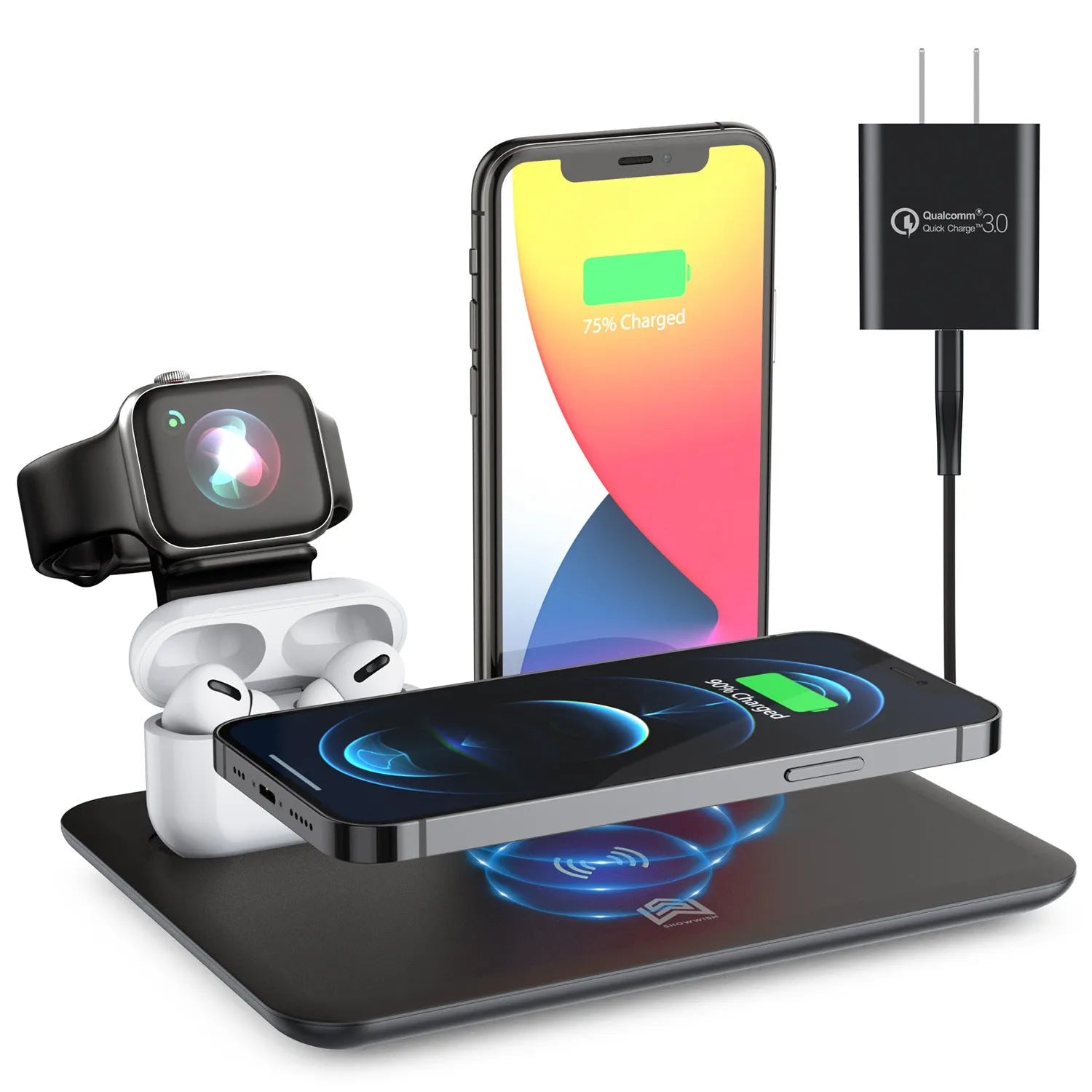 Wireless charging station for phone, watch and headphones on desktop in black finish