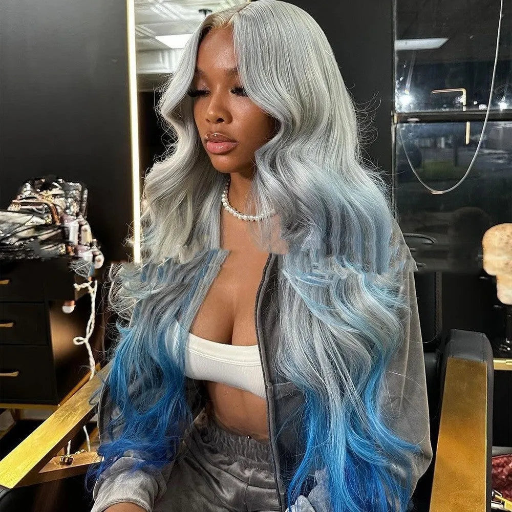 Gray and blue gradient human hair lace front headband wig on a model, showing long wavy hairstyle.