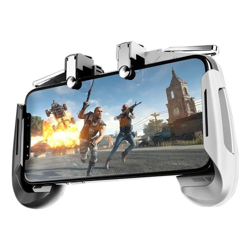 OEM adjustable telescopic mobile game controller handle in black, blue, and white colours for smartphones.