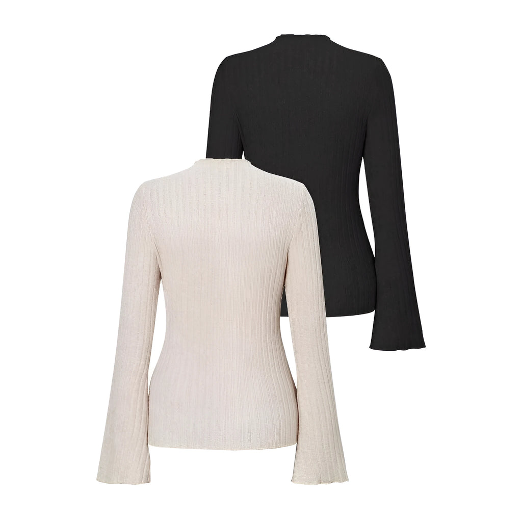 Black long sleeve round neck top with lantern sleeves and slim fit silhouette