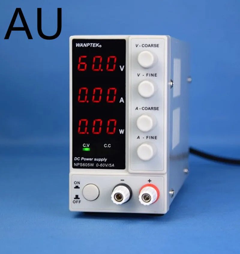 White adjustable DC laboratory power supply with digital displays for voltage and current, model S605W.