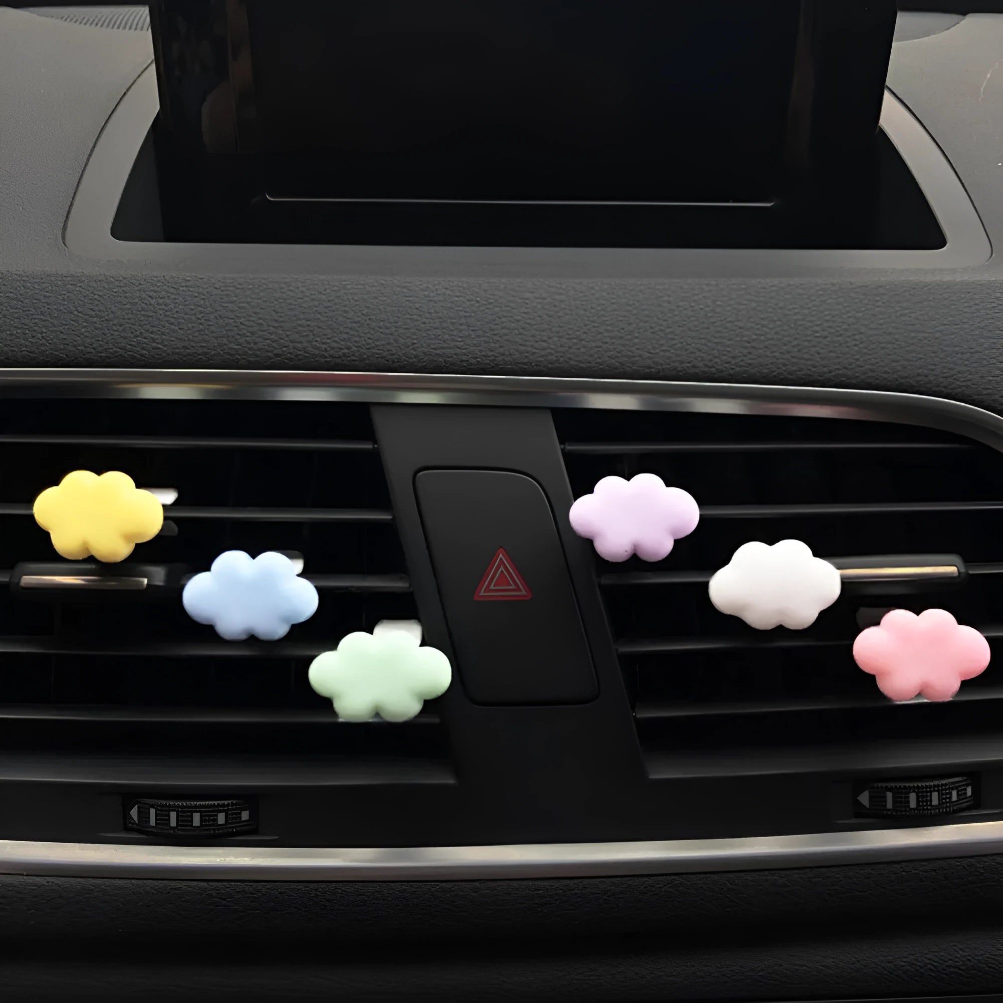 Resin car fragrance clip for air vents in one of six colours: sky blue, pink, yellow, light purple, white, or light green