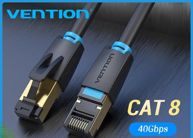 A flat and a round Cat8 Ethernet cable with gold RJ45 connectors, shown in various lengths for home networking.