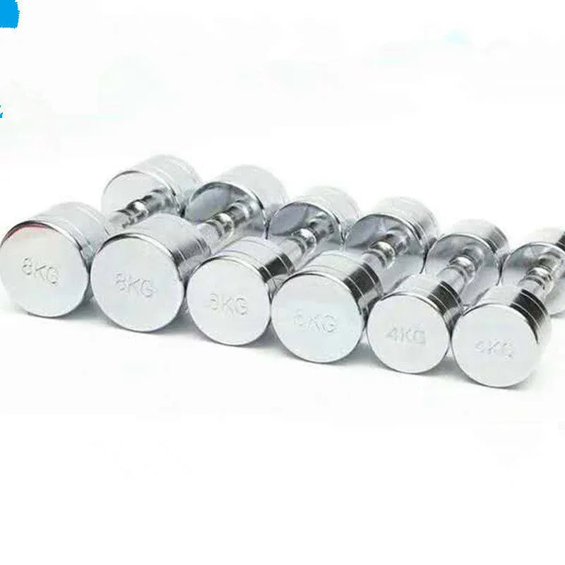 Silver pure steel electroplated dumbbell with ergonomic handle on a grey background.