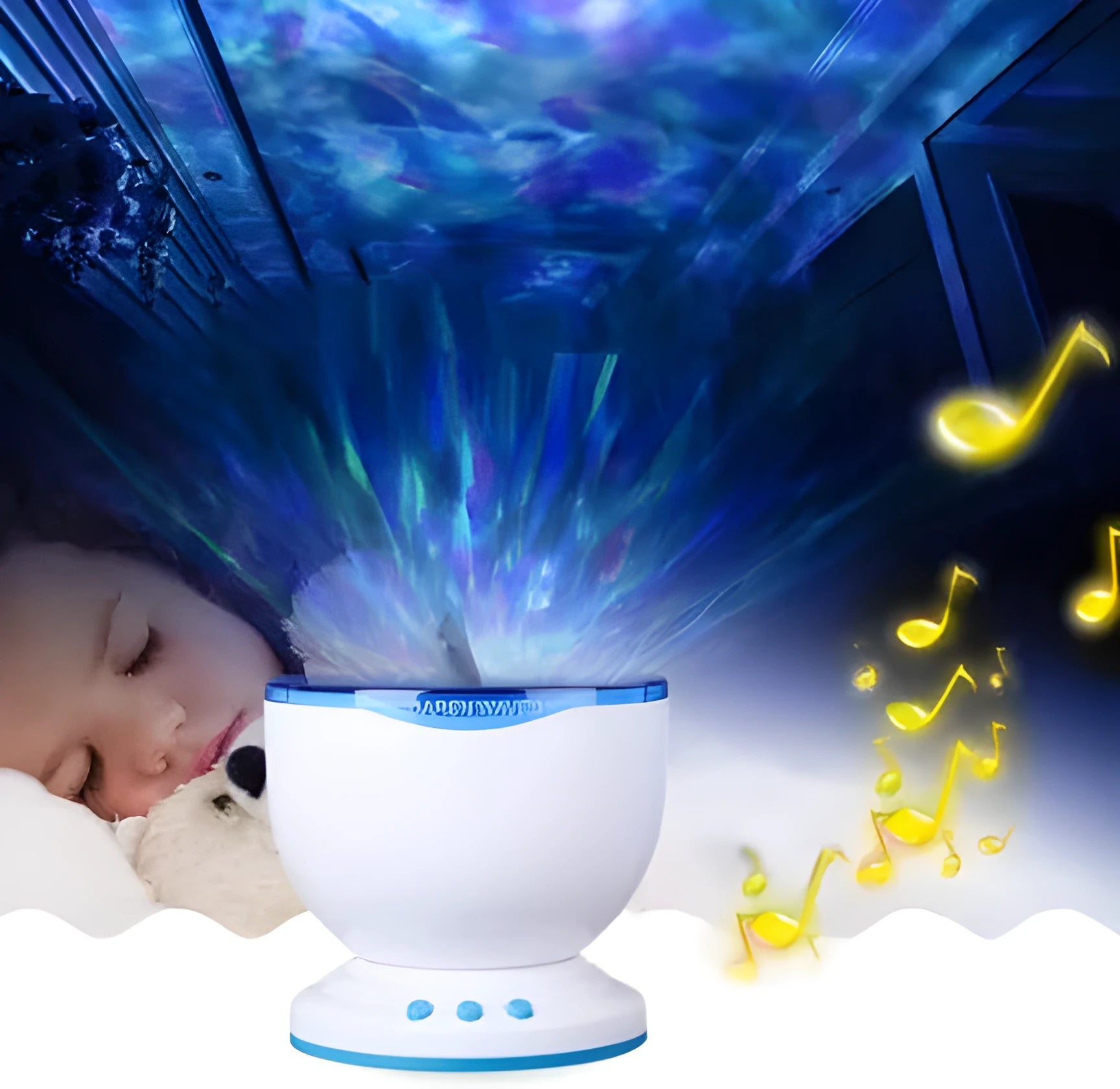 Blue ocean LED projection lamp showing aquatic scene projection on wall with DLP trapezoidal correction technology