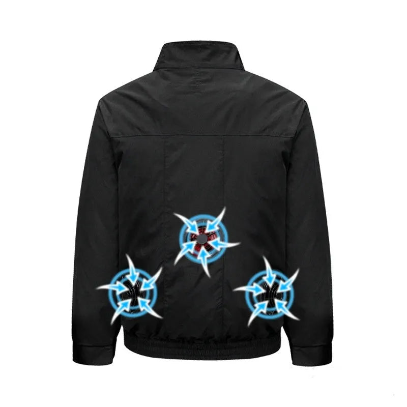 Men's black and white lightweight summer jacket with ventilation holes for outdoor cooling.
