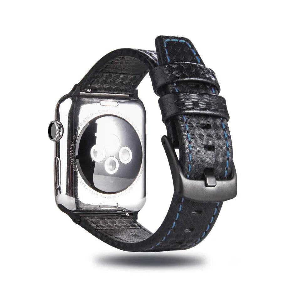 Carbon fibre leather Apple Watch strap showing red, black, orange, and blue line colour options