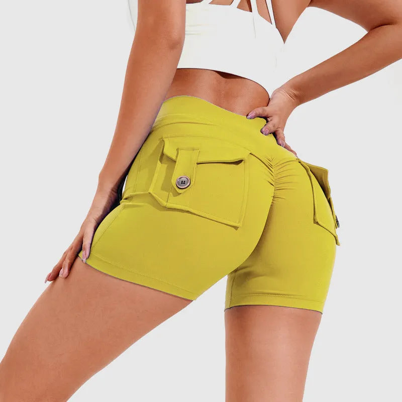 Women's high waist fitness shorts with pockets in avocado green colour for yoga and workouts