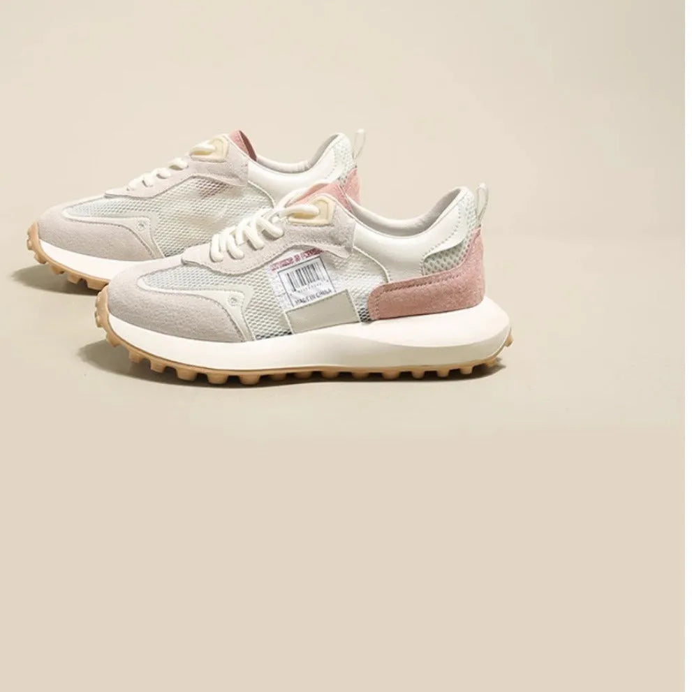 Women's grey and pink low-top retro sneakers with round toe and flat rubber sole