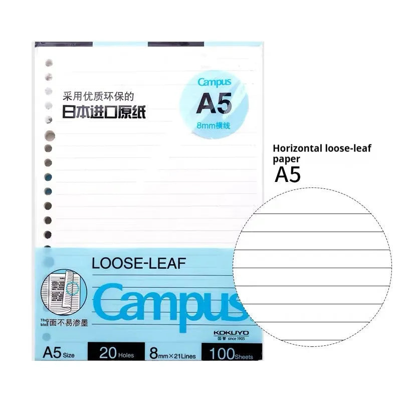 Refillable loose-leaf spiral notebook with PP cover open, showing raw wood pulp paper in grid ruling.