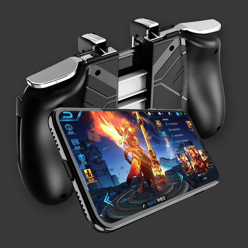 OEM adjustable telescopic mobile game controller handle in black, blue, and white colours for smartphones.