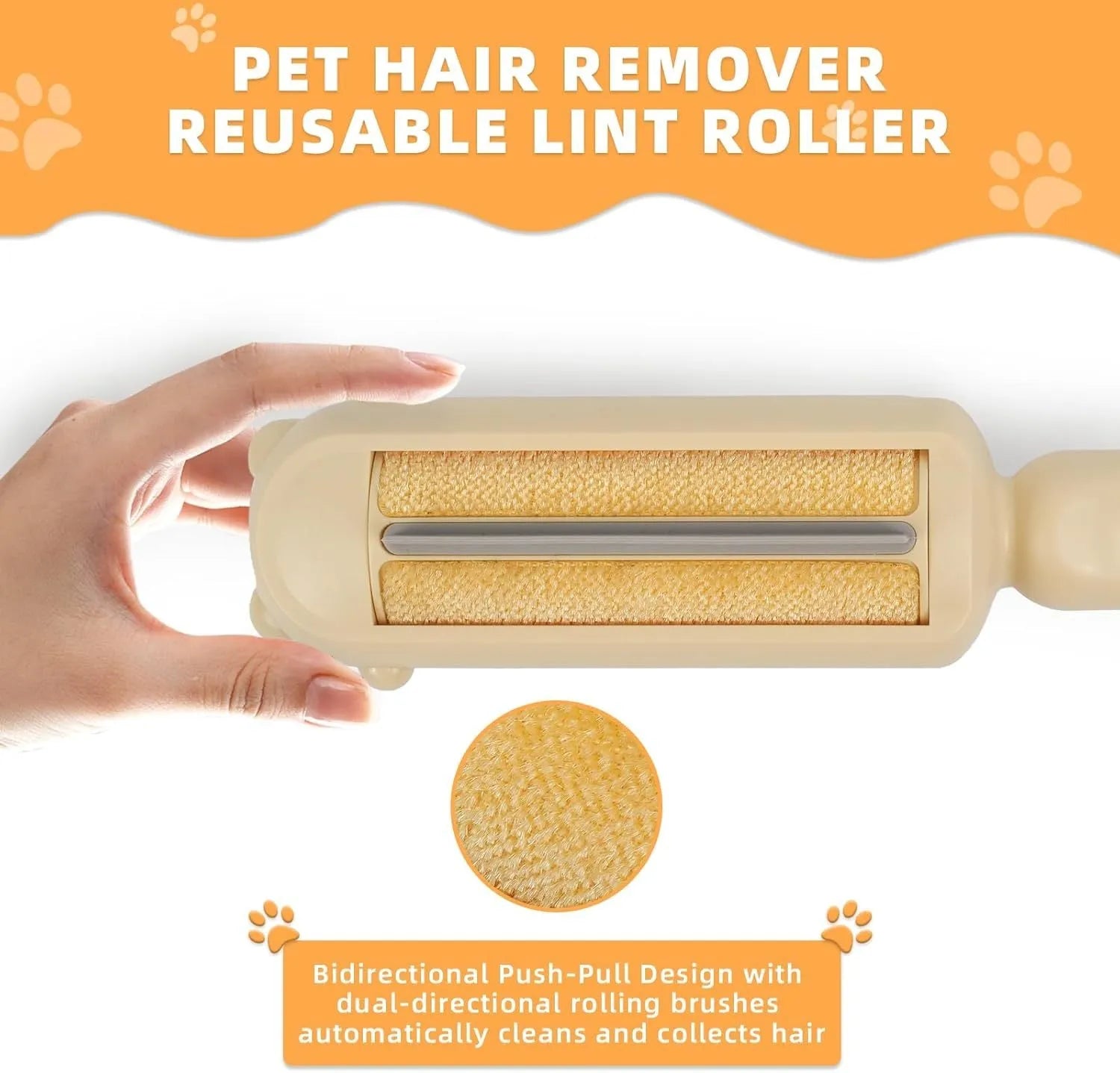 Self-cleaning pet hair removal roller tool for furniture and car seats in blue, pink, or yellow colours