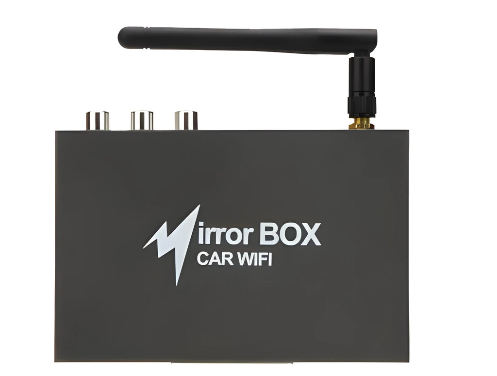 Black car mirror link box converter with cables and antenna for wireless smartphone streaming to car stereo