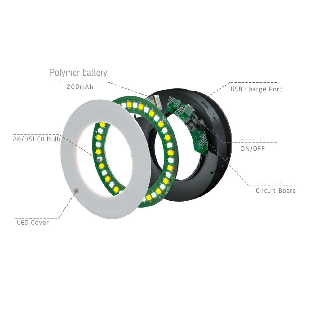 Compact black LED selfie ring light for mobile phone with USB cable for recharging.