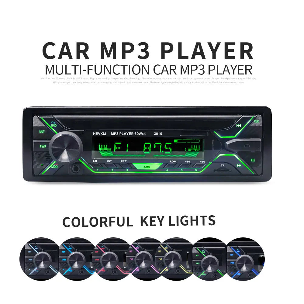 Single DIN car radio with LCD display, rotary volume knob, USB and TF card slots