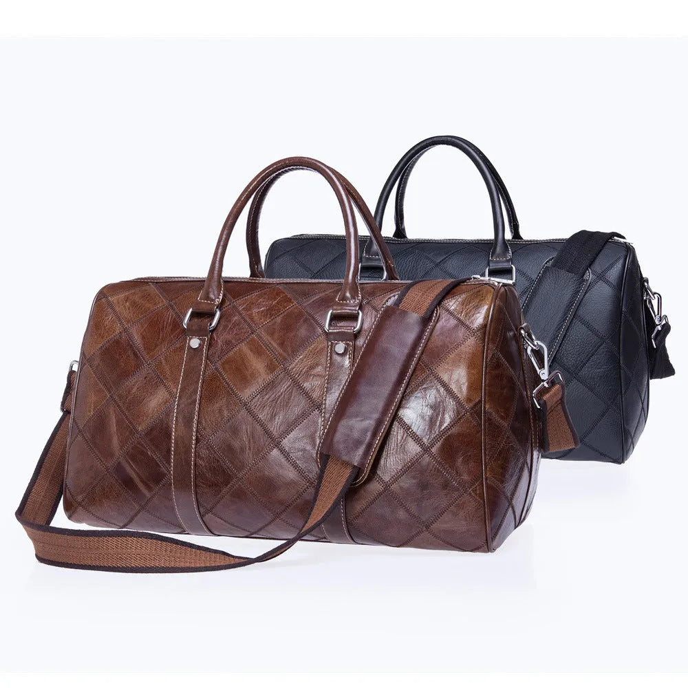 Vintage brown cowhide leather men's duffel bag with a single strap, shown open to reveal internal phone and ID pockets.