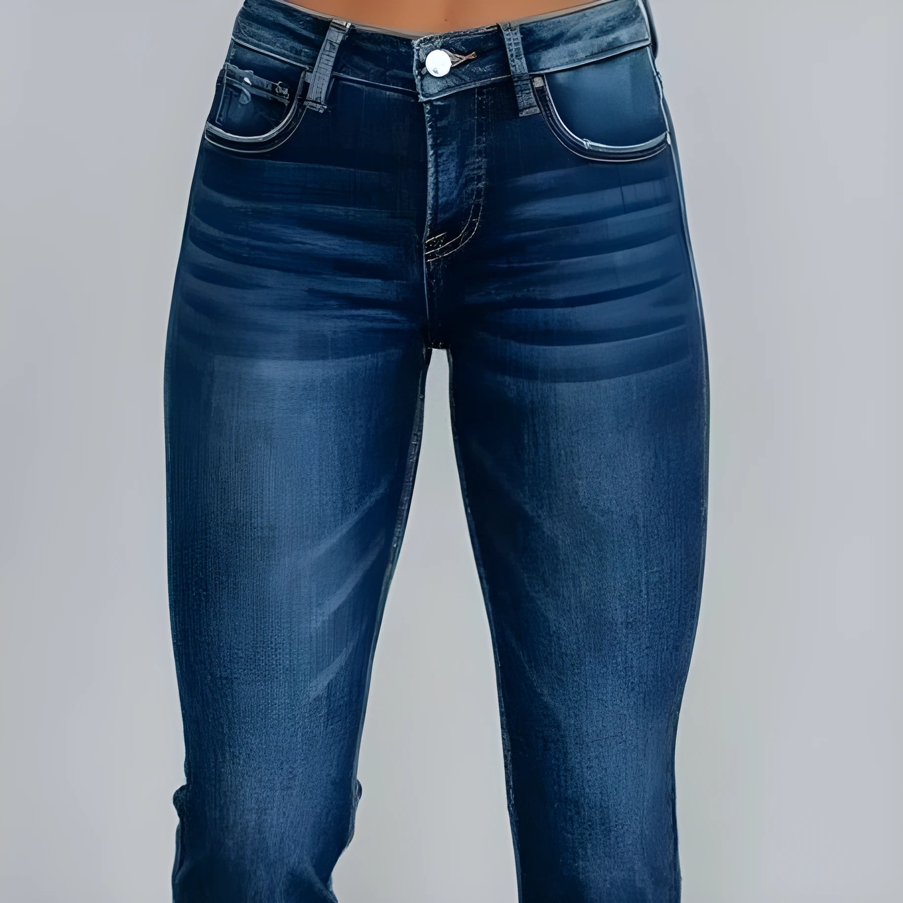 Solid colour women's denim jeans in dark blue and light blue washes, showing hand-worn detail.