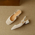 Women's beige woven hollow-out closed toe sandals with chunky 4cm heel and buckle fastening