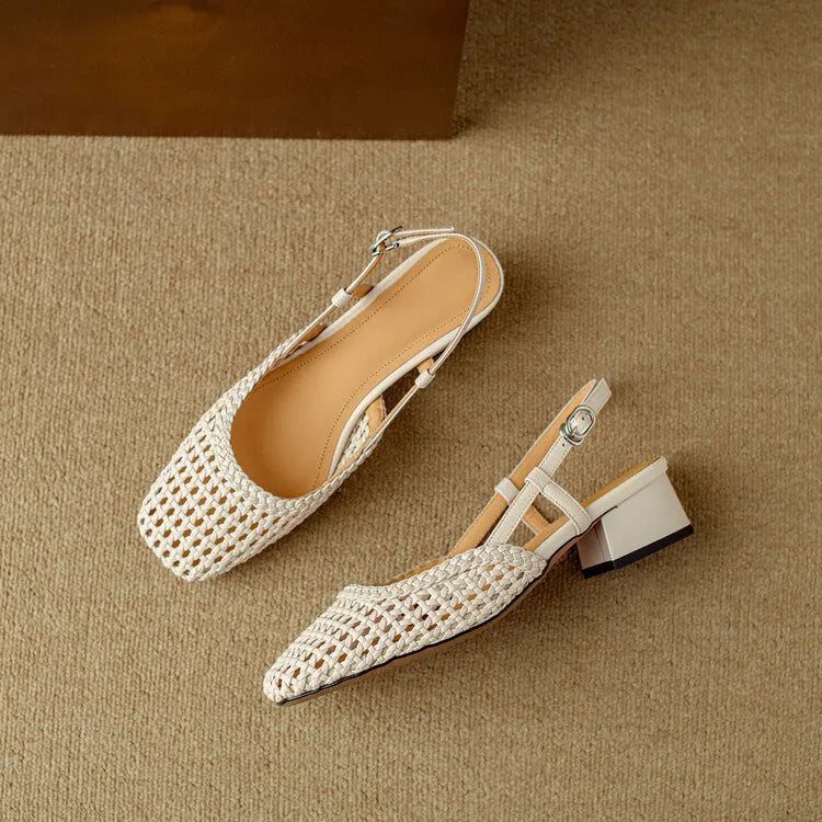 Women's beige woven hollow-out closed toe sandals with chunky 4cm heel and buckle fastening