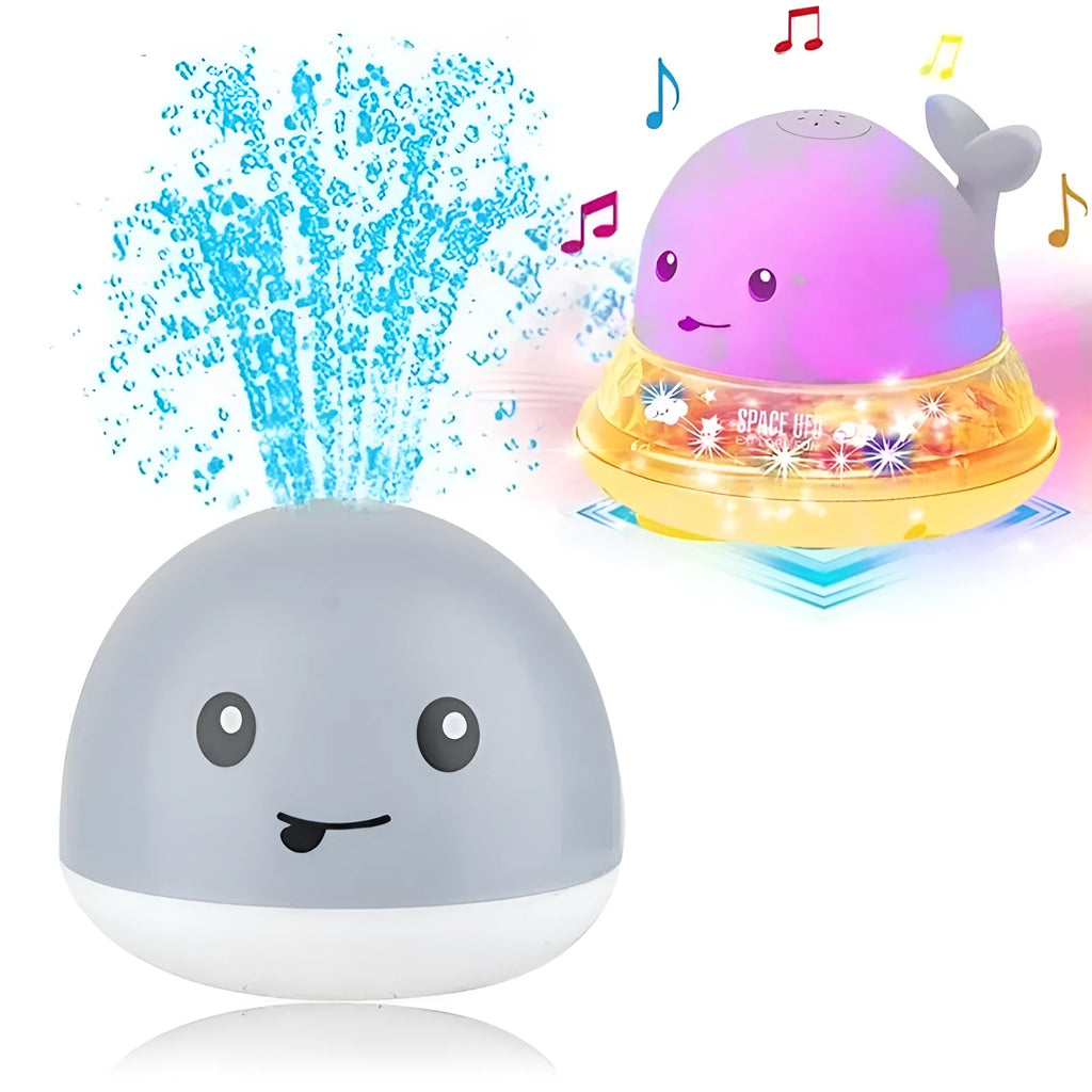Electric whale-shaped baby bath toy with water spray, LED lights, and automatic water sensor