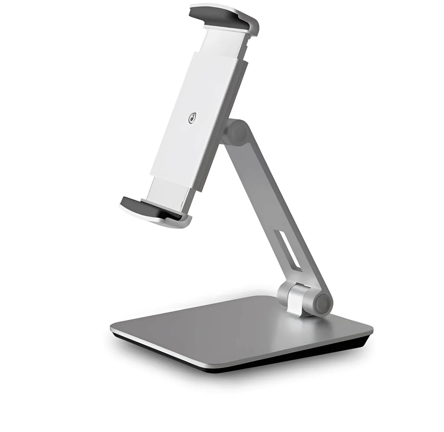 Silver foldable aluminium stand holding a tablet at an angle on a desk