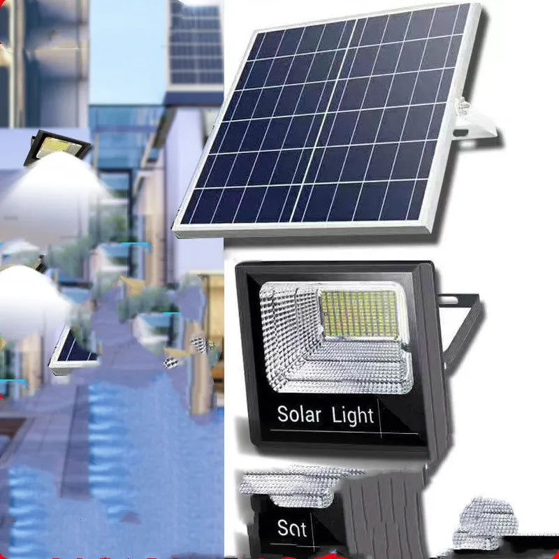 Black solar powered garden flood light with remote control for outdoor security or pathway illumination