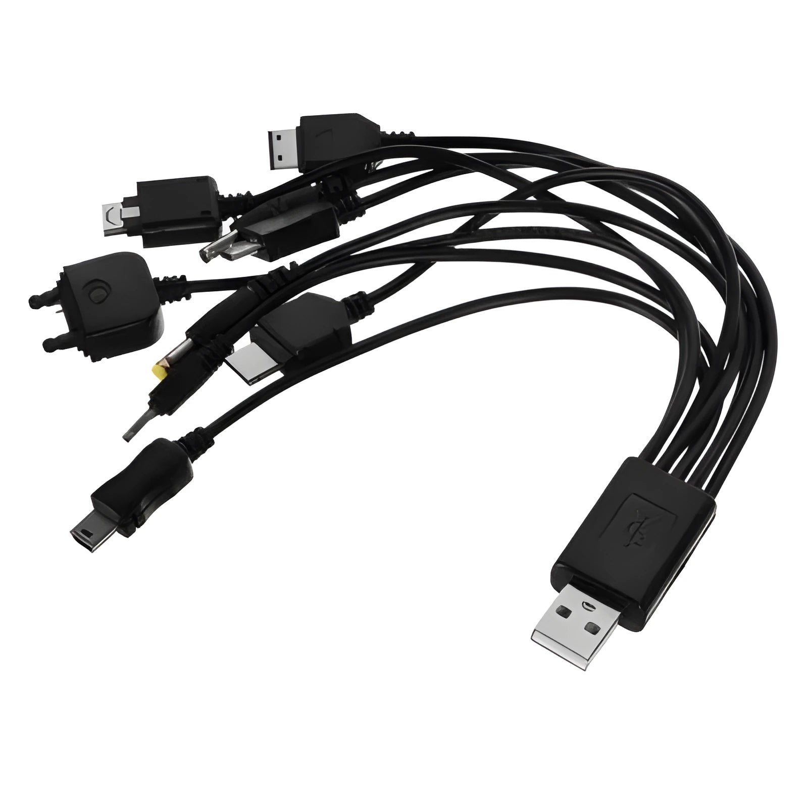 10-in-1 universal USB charging sync data cable with black plastic connectors and multiple interface adapters