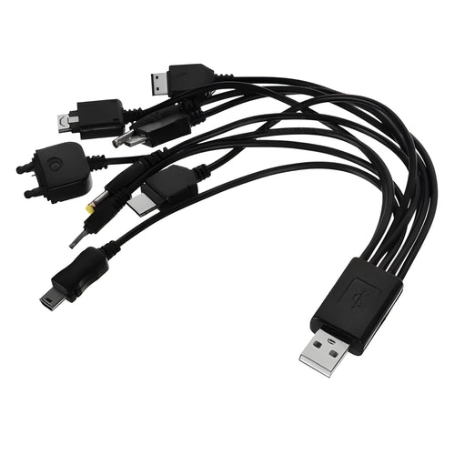 10-in-1 universal USB charging sync data cable with black plastic connectors and multiple interface adapters