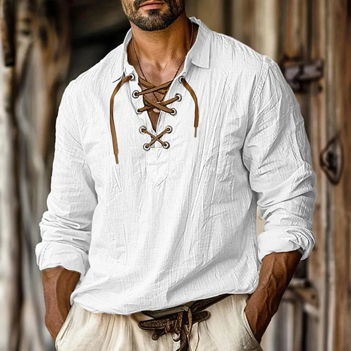 Men's loose fit linen blend shirt with white lace detail on lapel collar, shown in blue.