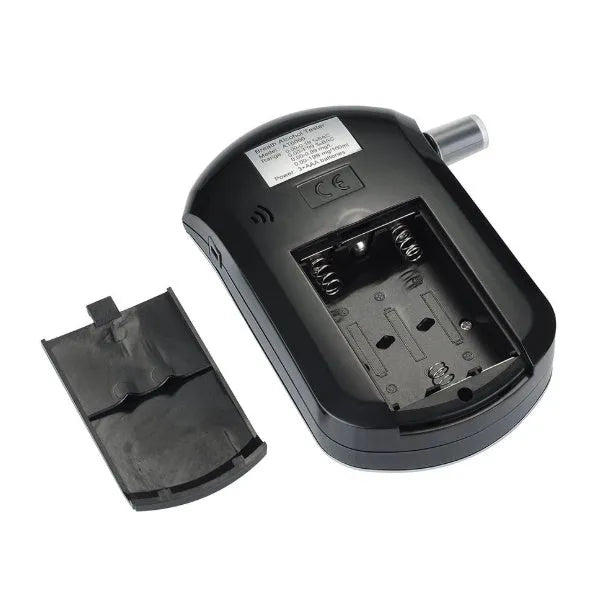 Black pen-type personal alcohol breathalyser with LCD display and detached mouthpiece.